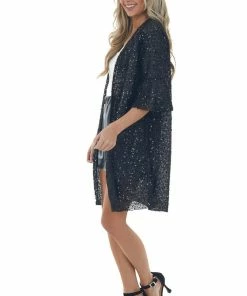 Hayden Black Shimmery Sequin Bell Sleeve Woven Kimono