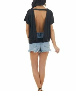 Mono B Tops Black Short Sleeve Backless Knit Top With Banded Hem