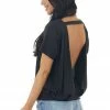Mono B Tops Black Short Sleeve Backless Knit Top With Banded Hem 1 Mono B Tops Black Short Sleeve Backless Knit Top With Banded Hem