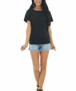 Mono B Tops Black Short Sleeve Backless Knit Top With Banded Hem