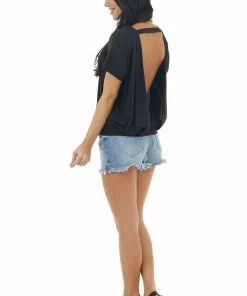 Mono B Tops Black Short Sleeve Backless Knit Top With Banded Hem