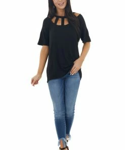 BiBi Tops Black Short Sleeve Knit Top With Caged Neckline 22 BiBi Tops Black Short Sleeve Knit Top With Caged Neckline