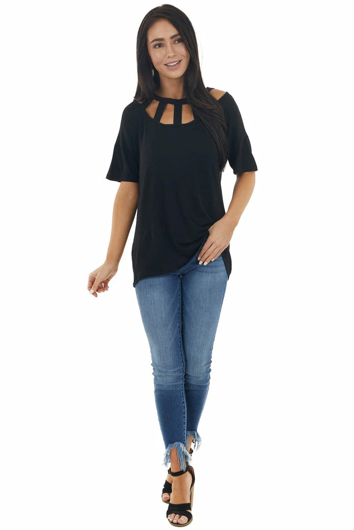 BiBi Tops Black Short Sleeve Knit Top With Caged Neckline 5 BiBi Tops Black Short Sleeve Knit Top With Caged Neckline