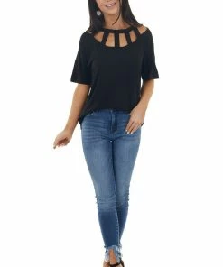 BiBi Tops Black Short Sleeve Knit Top With Caged Neckline 23 BiBi Tops Black Short Sleeve Knit Top With Caged Neckline