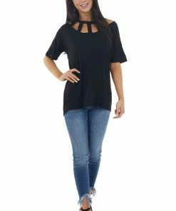BiBi Tops Black Short Sleeve Knit Top With Caged Neckline