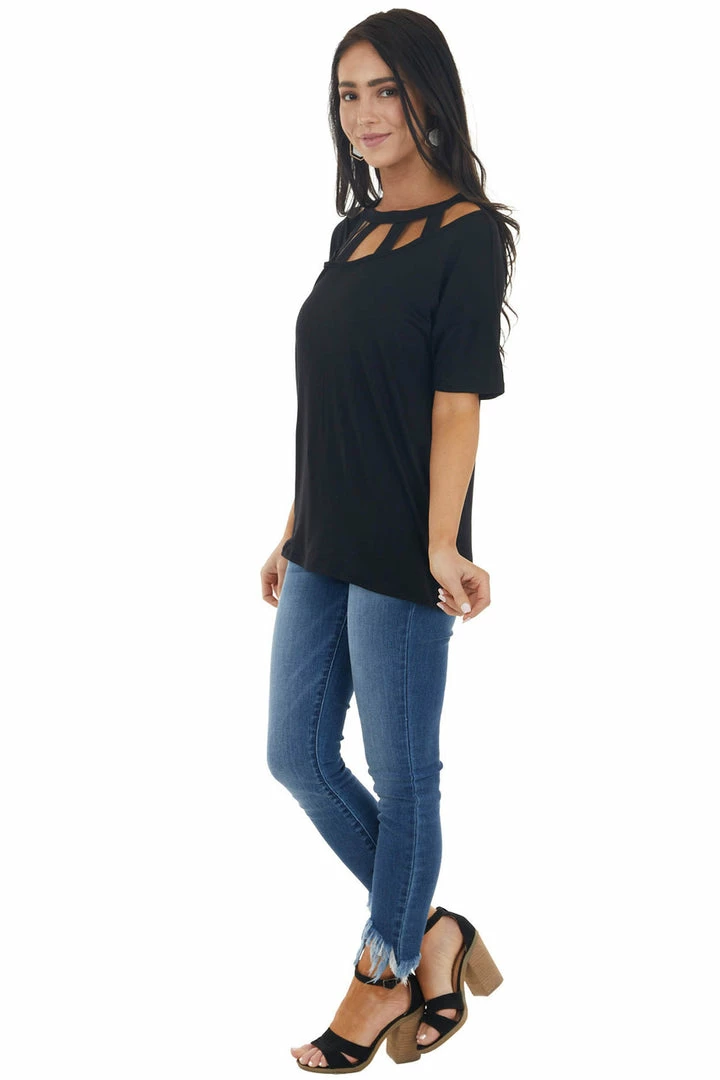 BiBi Tops Black Short Sleeve Knit Top With Caged Neckline 8 BiBi Tops Black Short Sleeve Knit Top With Caged Neckline