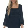 LE LIS Dresses Black Silky Smocked Long Sleeve Short Dress