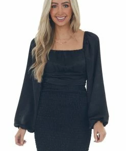 LE LIS Dresses Black Silky Smocked Long Sleeve Short Dress