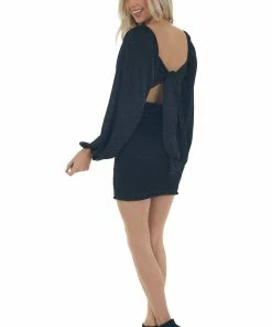 LE LIS Dresses Black Silky Smocked Long Sleeve Short Dress 25 LE LIS Dresses Black Silky Smocked Long Sleeve Short Dress