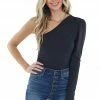 Entro Black Fitted Long Sleeve Bodysuit With One Shoulder Tops