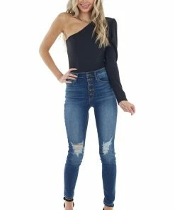 Entro Black Fitted Long Sleeve Bodysuit With One Shoulder Tops