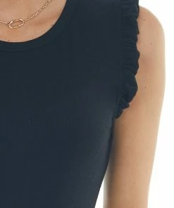Heyson Black Sleeveless Frill Trim Ribbed Bodysuit