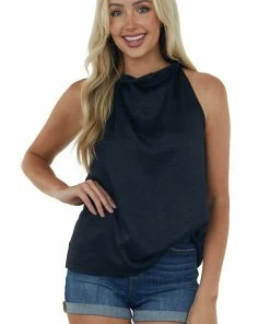 FSL APPAREL Black Sleeveless Halter Top With Keyhole Tops