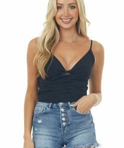 Sweet Lemon Tops Black Sleeveless Ruched Twist Cropped Tank Top