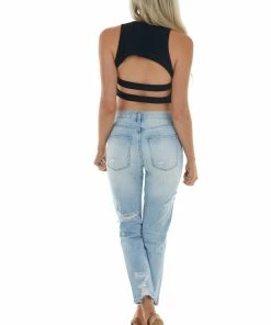 Peach Love Black Sleeveless Strappy Open Back Crop Top Tops