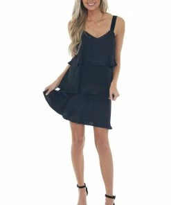 Sweet Lemon Dresses Black Sleeveless Tiered Short Soft Dress