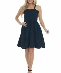 Davi & Dani Black Smocked Criss Cross Back Woven Dress Dresses 12 Davi & Dani Black Smocked Criss Cross Back Woven Dress Dresses