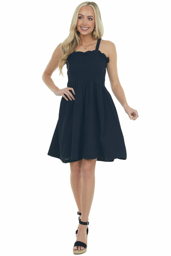 Davi & Dani Black Smocked Criss Cross Back Woven Dress Dresses 6 Davi & Dani Black Smocked Criss Cross Back Woven Dress Dresses