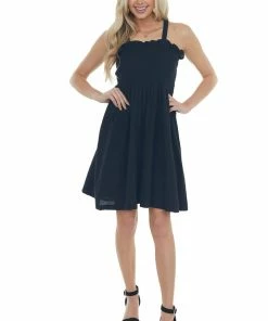 Davi & Dani Black Smocked Criss Cross Back Woven Dress Dresses