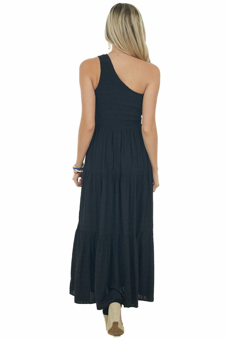 Entro Black Smocked One Shoulder Linen Maxi Dress 8 Entro Black Smocked One Shoulder Linen Maxi Dress
