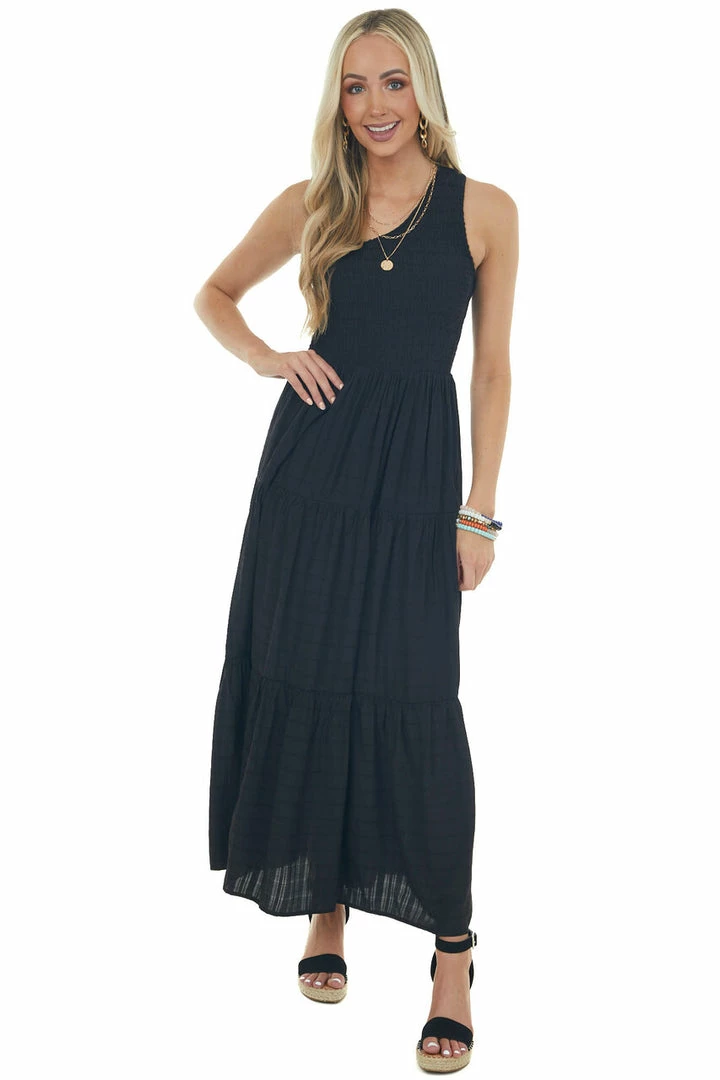 Entro Black Smocked One Shoulder Linen Maxi Dress 3 Entro Black Smocked One Shoulder Linen Maxi Dress