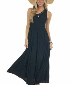 Entro Black Smocked One Shoulder Linen Maxi Dress 14 Entro Black Smocked One Shoulder Linen Maxi Dress