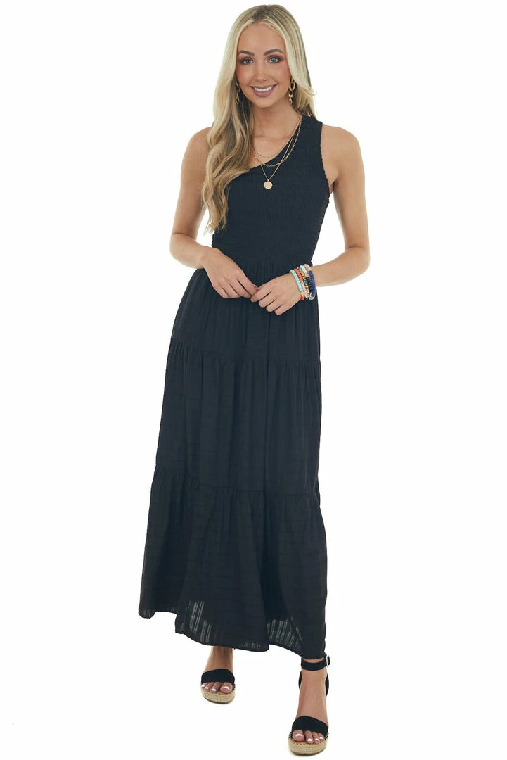 Entro Black Smocked One Shoulder Linen Maxi Dress 4 Entro Black Smocked One Shoulder Linen Maxi Dress
