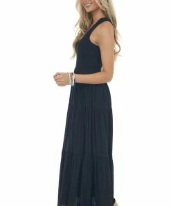 Entro Black Smocked One Shoulder Linen Maxi Dress 16 Entro Black Smocked One Shoulder Linen Maxi Dress