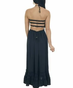 Sweet Lemon Dresses Black Smocked Open Back Halter Midi Dress 12 Sweet Lemon Dresses Black Smocked Open Back Halter Midi Dress