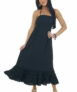 Sweet Lemon Dresses Black Smocked Open Back Halter Midi Dress 9 Sweet Lemon Dresses Black Smocked Open Back Halter Midi Dress