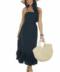 Sweet Lemon Dresses Black Smocked Open Back Halter Midi Dress