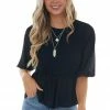 HYFVE Black Smocked Peplum Puff Sleeve Blouse