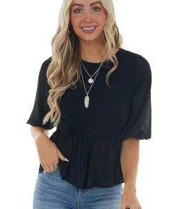 HYFVE Black Smocked Peplum Puff Sleeve Blouse