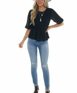 HYFVE Black Smocked Peplum Puff Sleeve Blouse