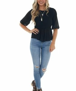 HYFVE Black Smocked Peplum Puff Sleeve Blouse