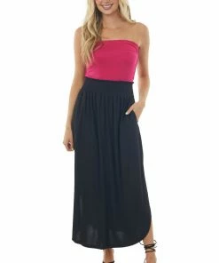 Ninexis Bottoms Black Smocked Waist Curved Hem Slit Maxi Skirt