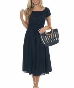 HYFVE Black Smocked Waist Peasant Style Midi Dress Dresses 10 HYFVE Black Smocked Waist Peasant Style Midi Dress Dresses