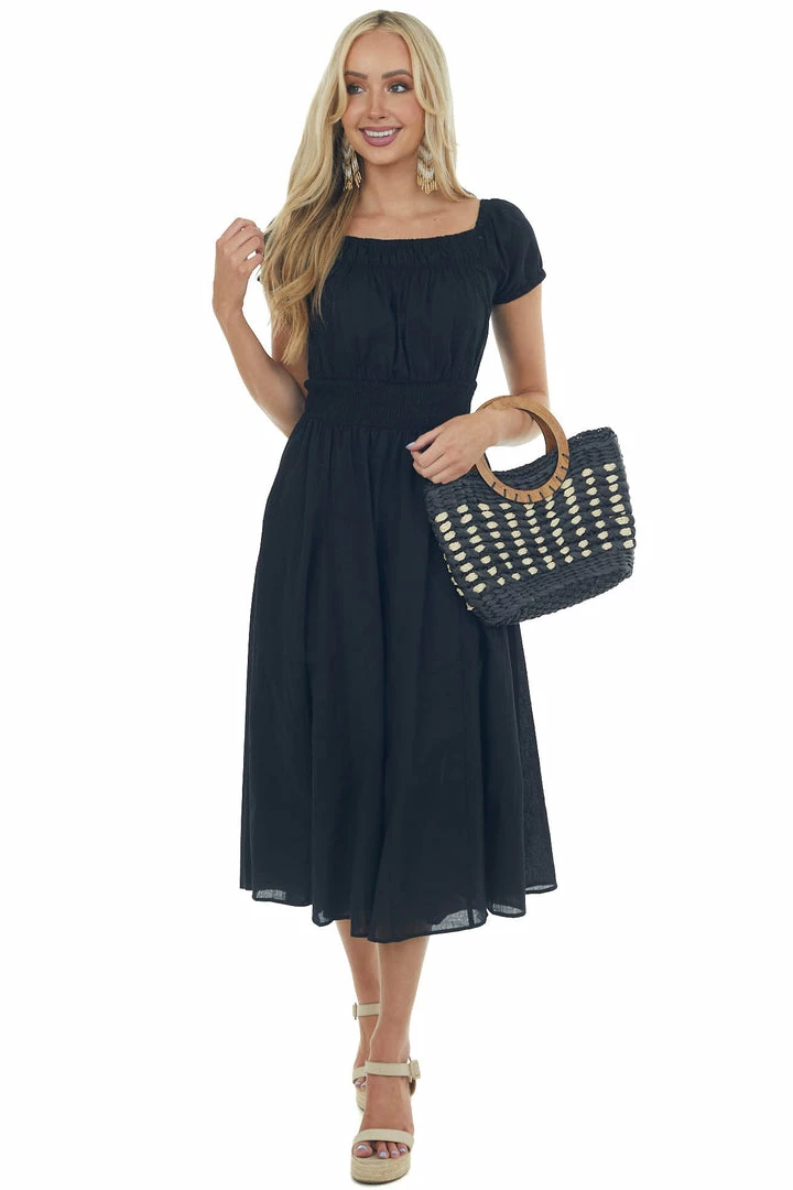 HYFVE Black Smocked Waist Peasant Style Midi Dress Dresses 5 HYFVE Black Smocked Waist Peasant Style Midi Dress Dresses
