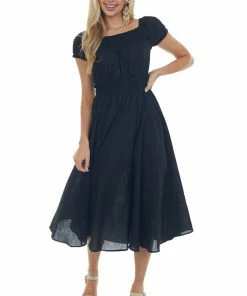 HYFVE Black Smocked Waist Peasant Style Midi Dress Dresses
