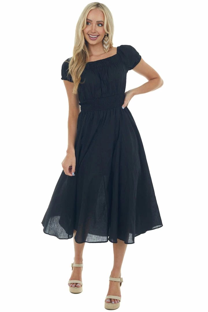 HYFVE Black Smocked Waist Peasant Style Midi Dress Dresses 4 HYFVE Black Smocked Waist Peasant Style Midi Dress Dresses