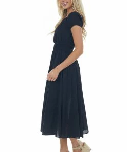 HYFVE Black Smocked Waist Peasant Style Midi Dress Dresses 11 HYFVE Black Smocked Waist Peasant Style Midi Dress Dresses