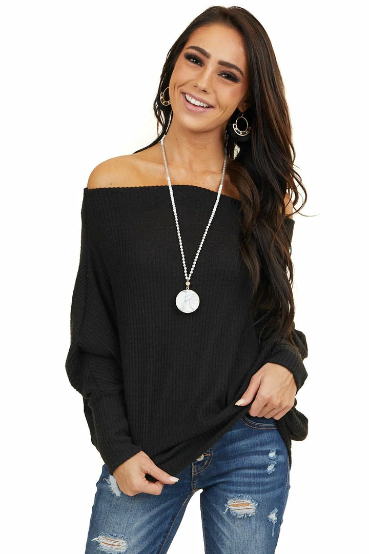 American Chic Black Soft Waffle Knit Off The Shoulder Long Sleeve Top 3 American Chic Black Soft Waffle Knit Off The Shoulder Long Sleeve Top