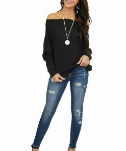 American Chic Black Soft Waffle Knit Off The Shoulder Long Sleeve Top