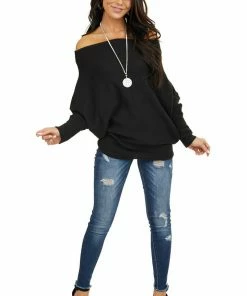 American Chic Black Soft Waffle Knit Off The Shoulder Long Sleeve Top 20 American Chic Black Soft Waffle Knit Off The Shoulder Long Sleeve Top