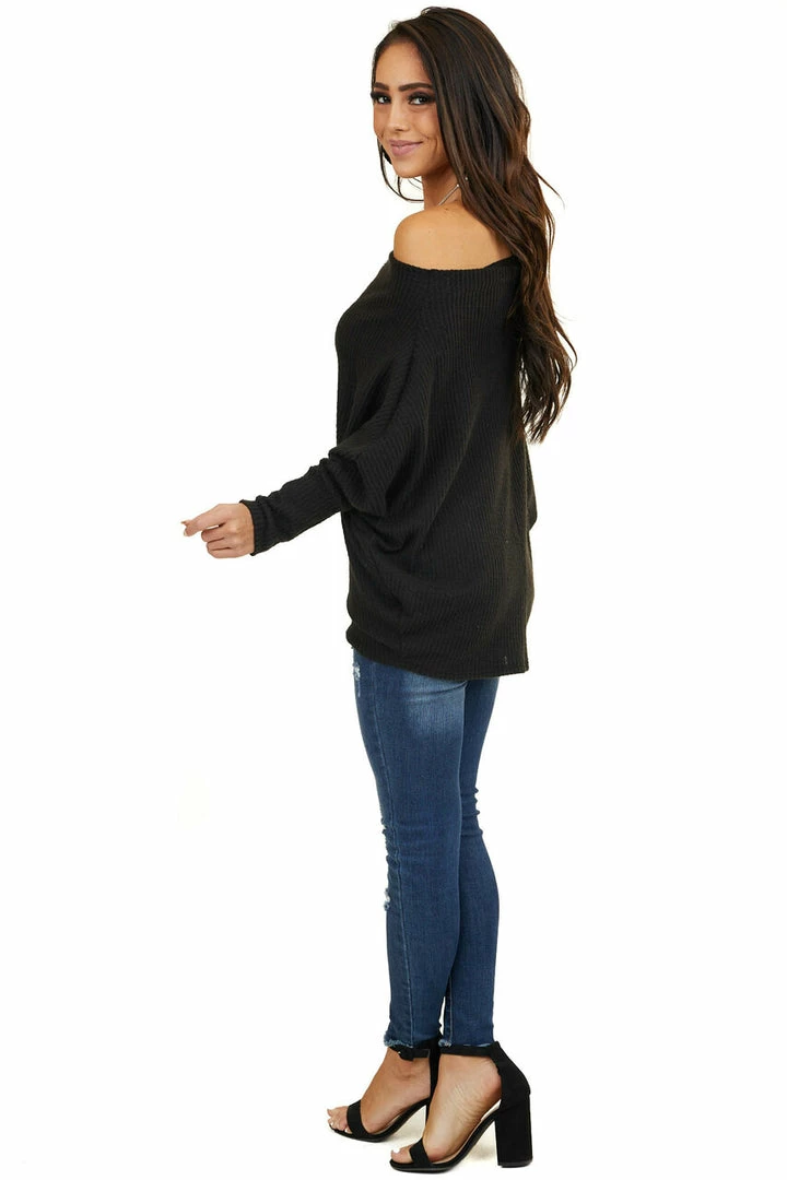 American Chic Black Soft Waffle Knit Off The Shoulder Long Sleeve Top 8 American Chic Black Soft Waffle Knit Off The Shoulder Long Sleeve Top