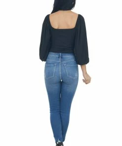 Entro Black Square Neck Bubble Sleeve Bodysuit Tops