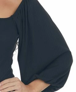 Entro Black Square Neck Bubble Sleeve Bodysuit Tops