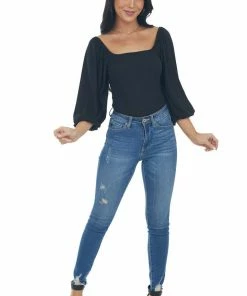 Entro Black Square Neck Bubble Sleeve Bodysuit Tops