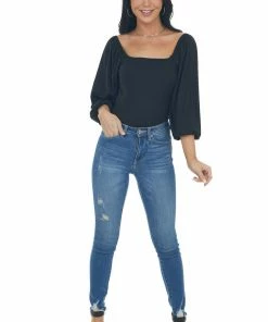 Entro Black Square Neck Bubble Sleeve Bodysuit Tops