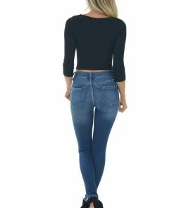 Style Melody Black Square Neck Long Sleeve Ribbed Crop Top